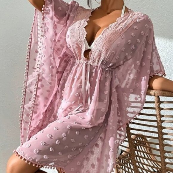 . Tops - Lace detailed Pom pom Trim Knot Swiss Dot Cover Up Pink